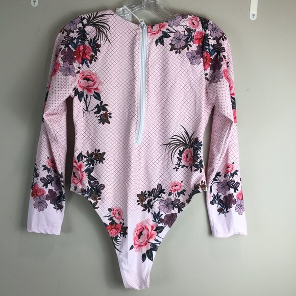 Women's Brazilian Pink Floral Long sleeve back zip swimsuit Size M, NWT - Picture 4 of 7